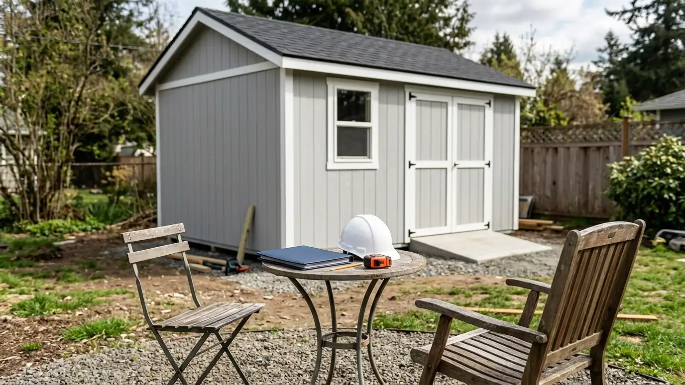 Music City Shed Two chairs at a small outdoor table with a closed folder, a white hard hat and a tape measure in front of a new shed