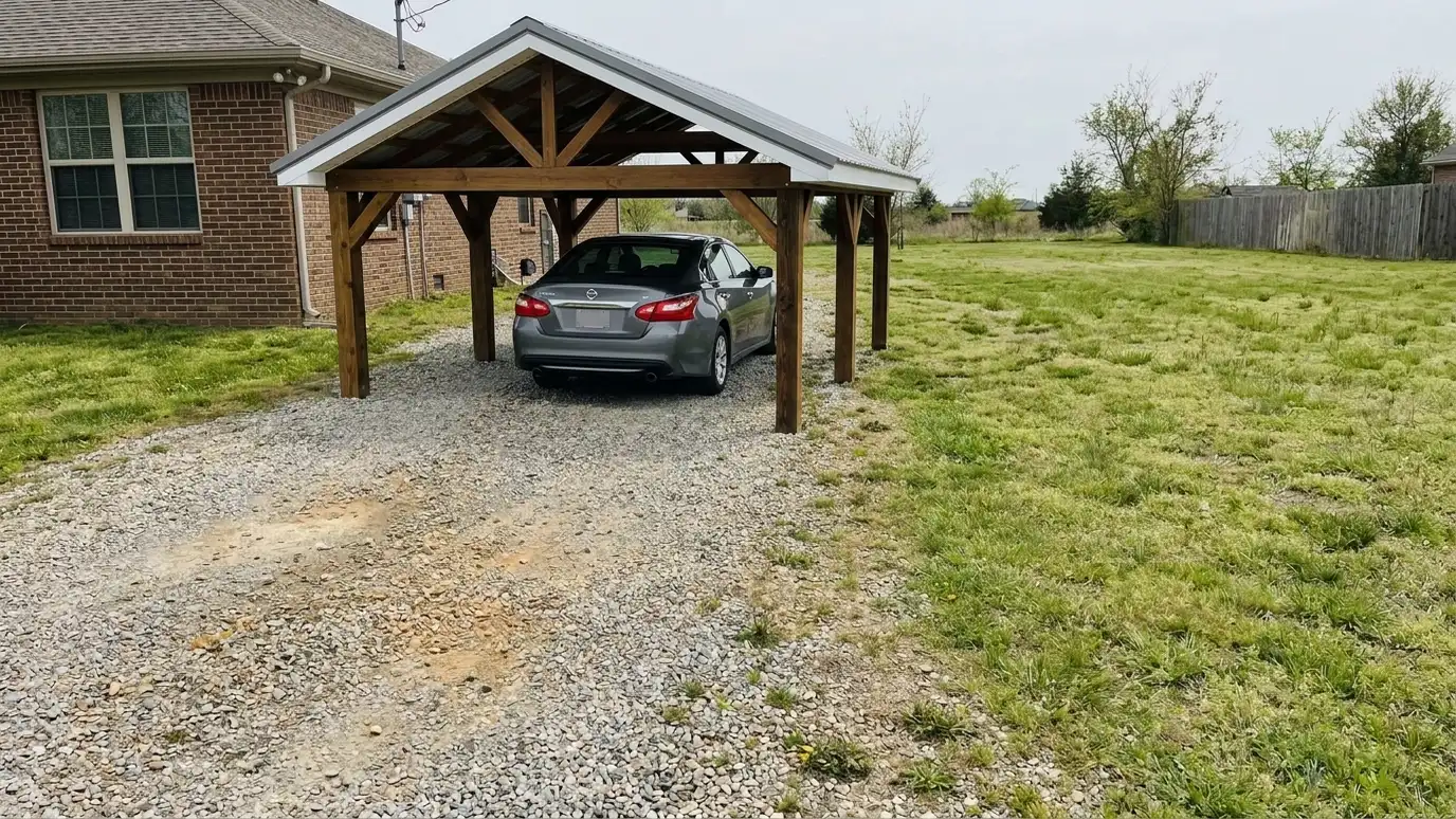 After: An open driveway, then a covered carport | Music City Shed After: a driveway with a wood-frame carport with a gable roof covering the car
