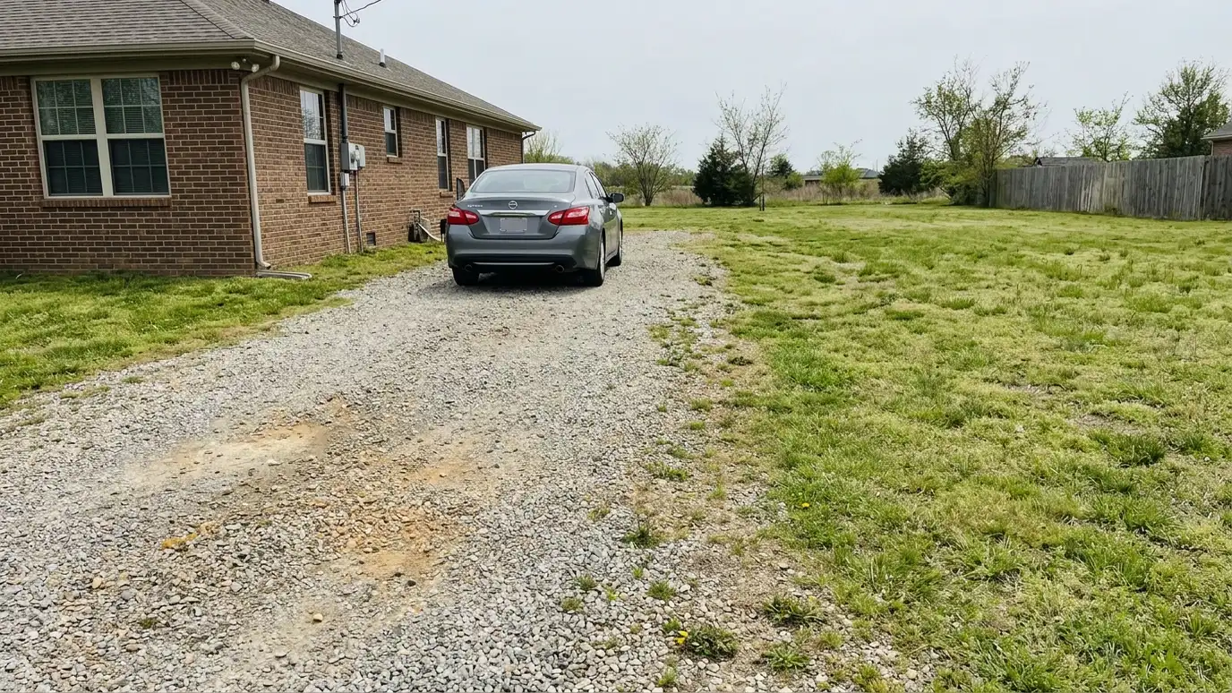 Before: a driveway with a bare driveway with a car in full sun