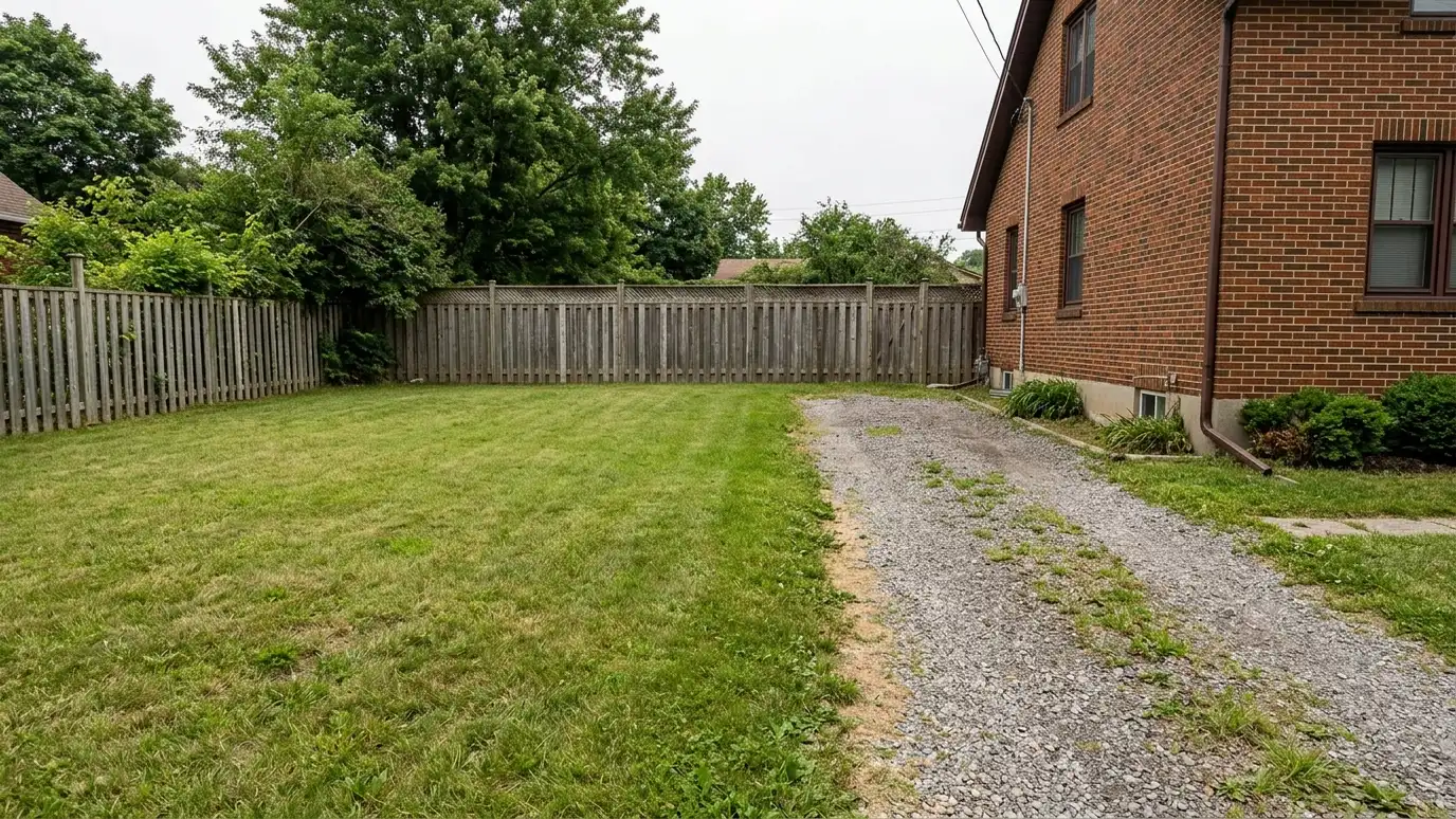 Before: a side yard with an empty lawn beside a gravel driveway