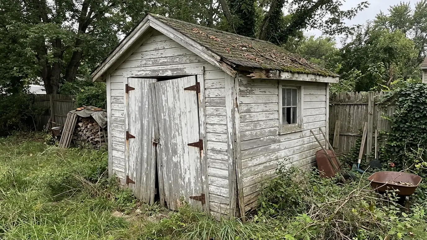 Before: a backyard with faded paint, peeling trim and a sagging door