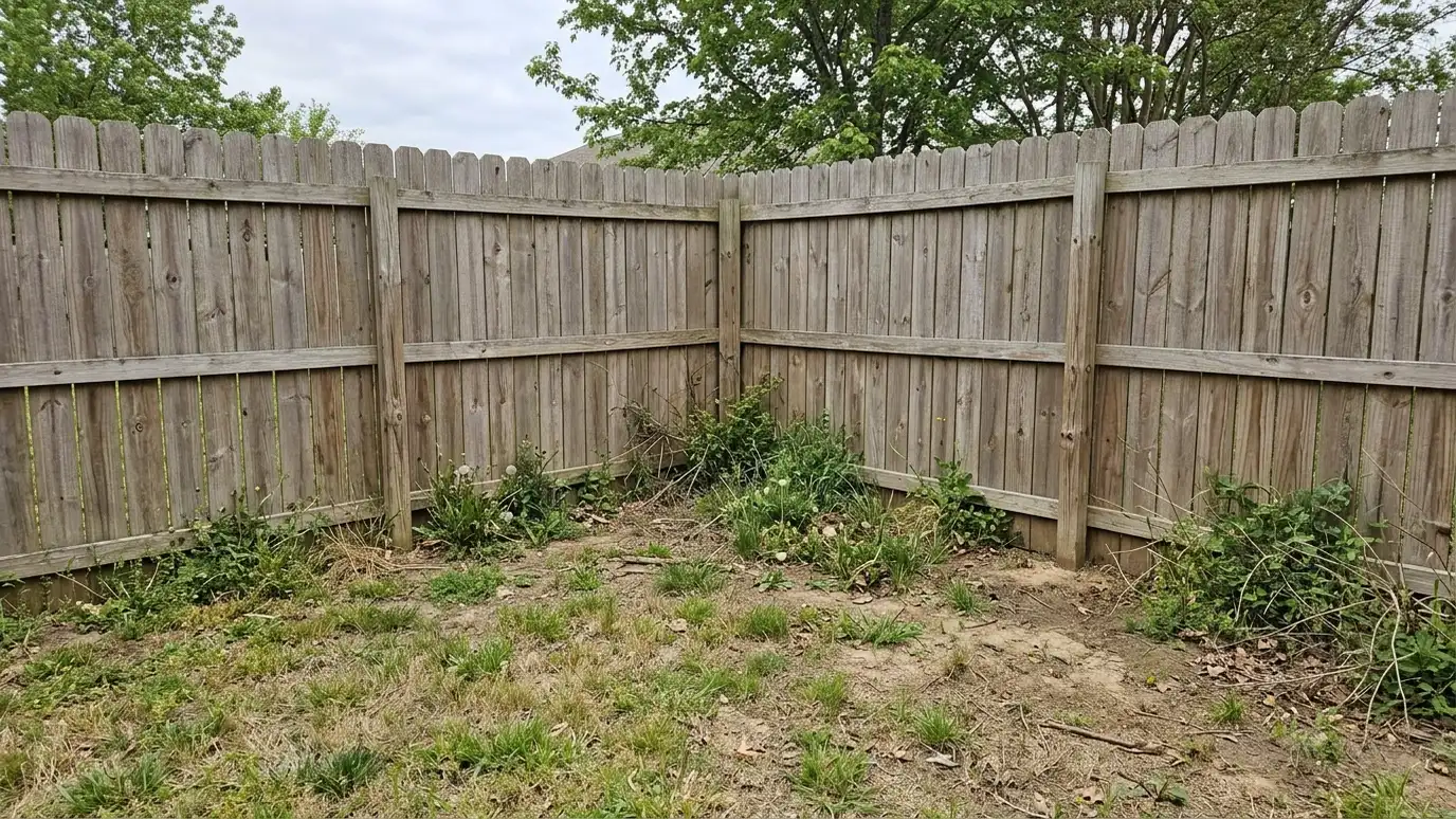 Before: a backyard with bare grass, weeds and an empty corner by the fence