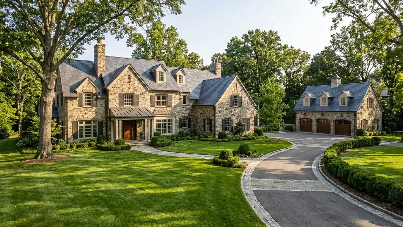 A Belle Meade, Tennessee home with a neat custom shed, a carport and a detached garage in a landscaped yard