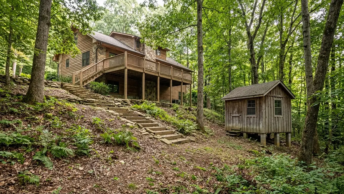 A Bellevue, Tennessee home with a neat custom shed, a carport and a detached garage in a landscaped yard