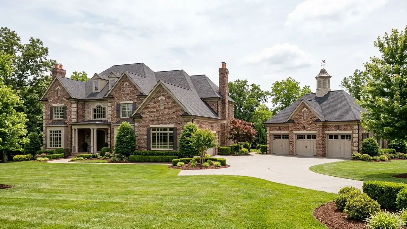 A Brentwood, Tennessee home with a neat custom shed, a carport and a detached garage in a landscaped yard