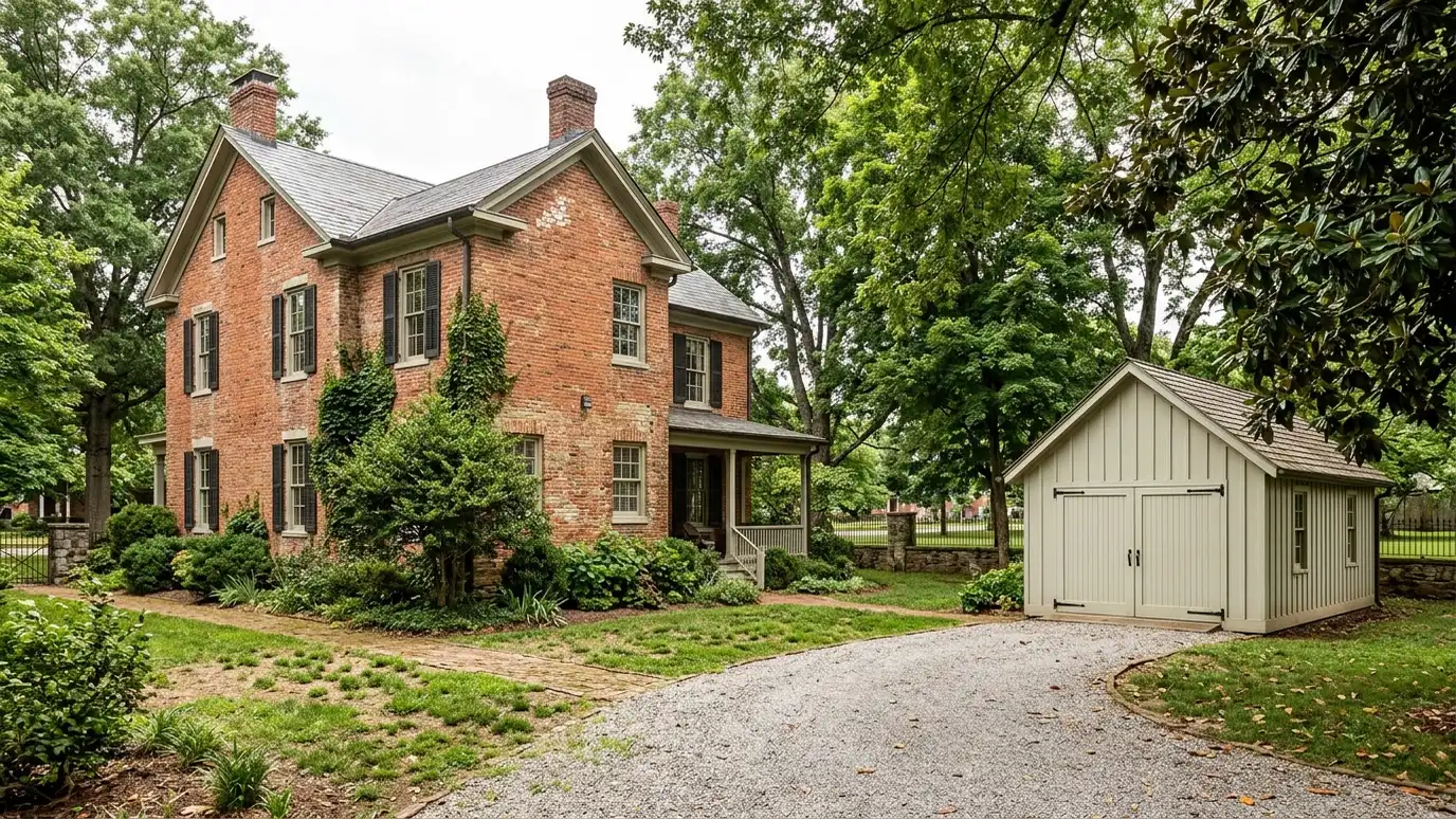 A Columbia, Tennessee home with a neat custom shed, a carport and a detached garage in a landscaped yard