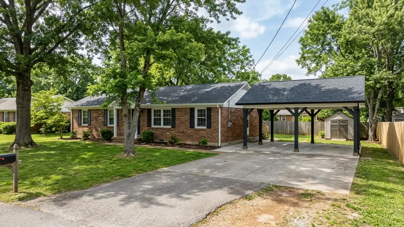 A Donelson, Tennessee home with a neat custom shed, a carport and a detached garage in a landscaped yard