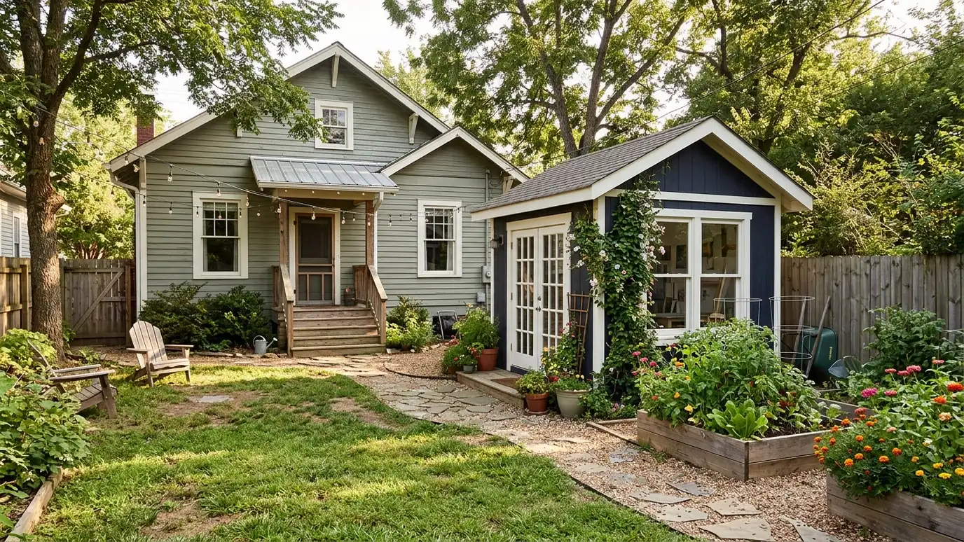 Custom sheds, carports and garages in East Nashville, TN A East Nashville, Tennessee home with a neat custom shed, a carport and a detached garage in a landscaped yard