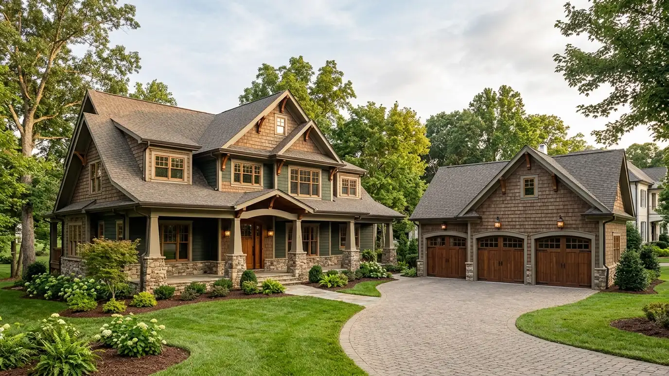 A Franklin, Tennessee home with a neat custom shed, a carport and a detached garage in a landscaped yard