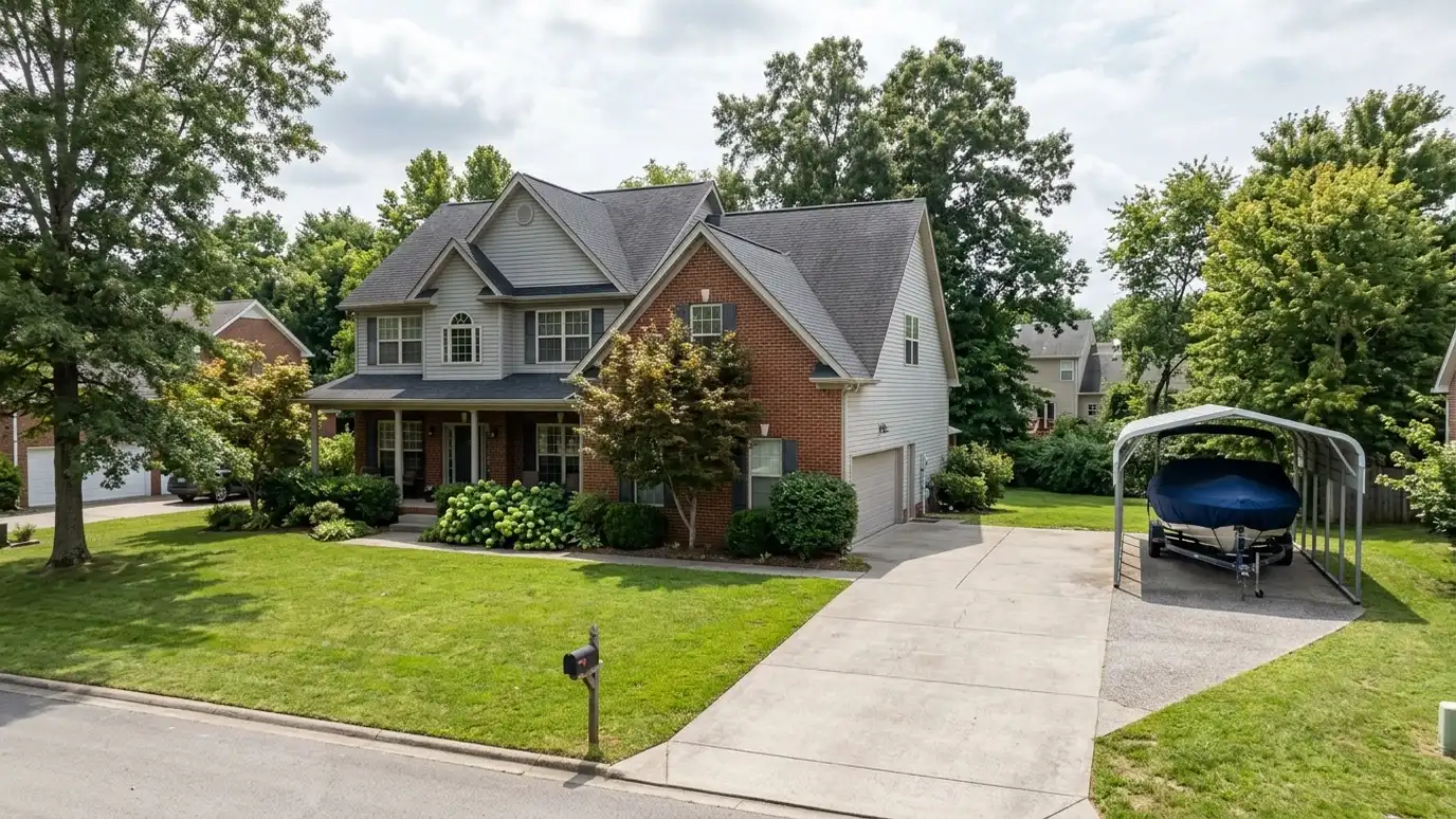 A Gallatin, Tennessee home with a neat custom shed, a carport and a detached garage in a landscaped yard