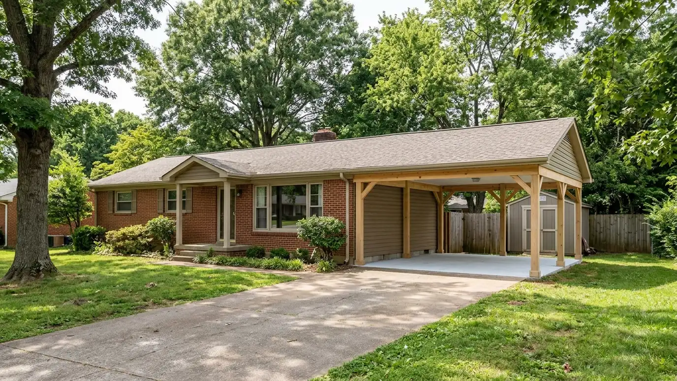 A Goodlettsville, Tennessee home with a neat custom shed, a carport and a detached garage in a landscaped yard
