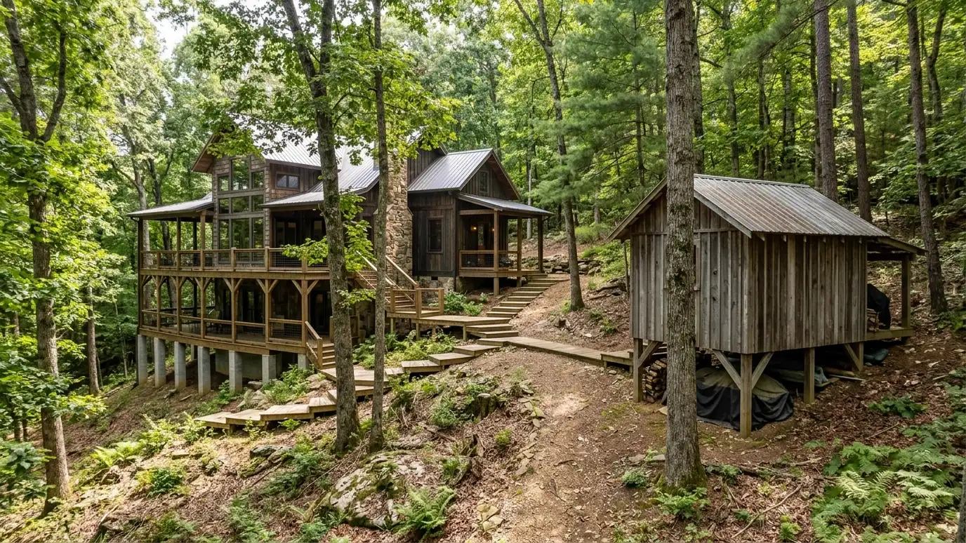 A Kingston Springs, Tennessee home with a neat custom shed, a carport and a detached garage in a landscaped yard