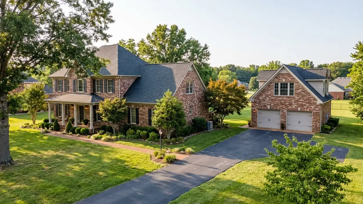 A Lebanon, Tennessee home with a neat custom shed, a carport and a detached garage in a landscaped yard