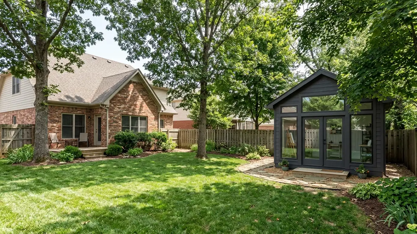 A Murfreesboro, Tennessee home with a neat custom shed, a carport and a detached garage in a landscaped yard