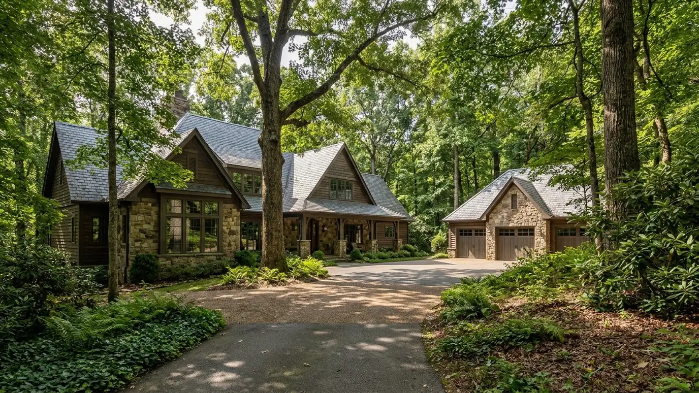 A Oak Hill, Tennessee home with a neat custom shed, a carport and a detached garage in a landscaped yard