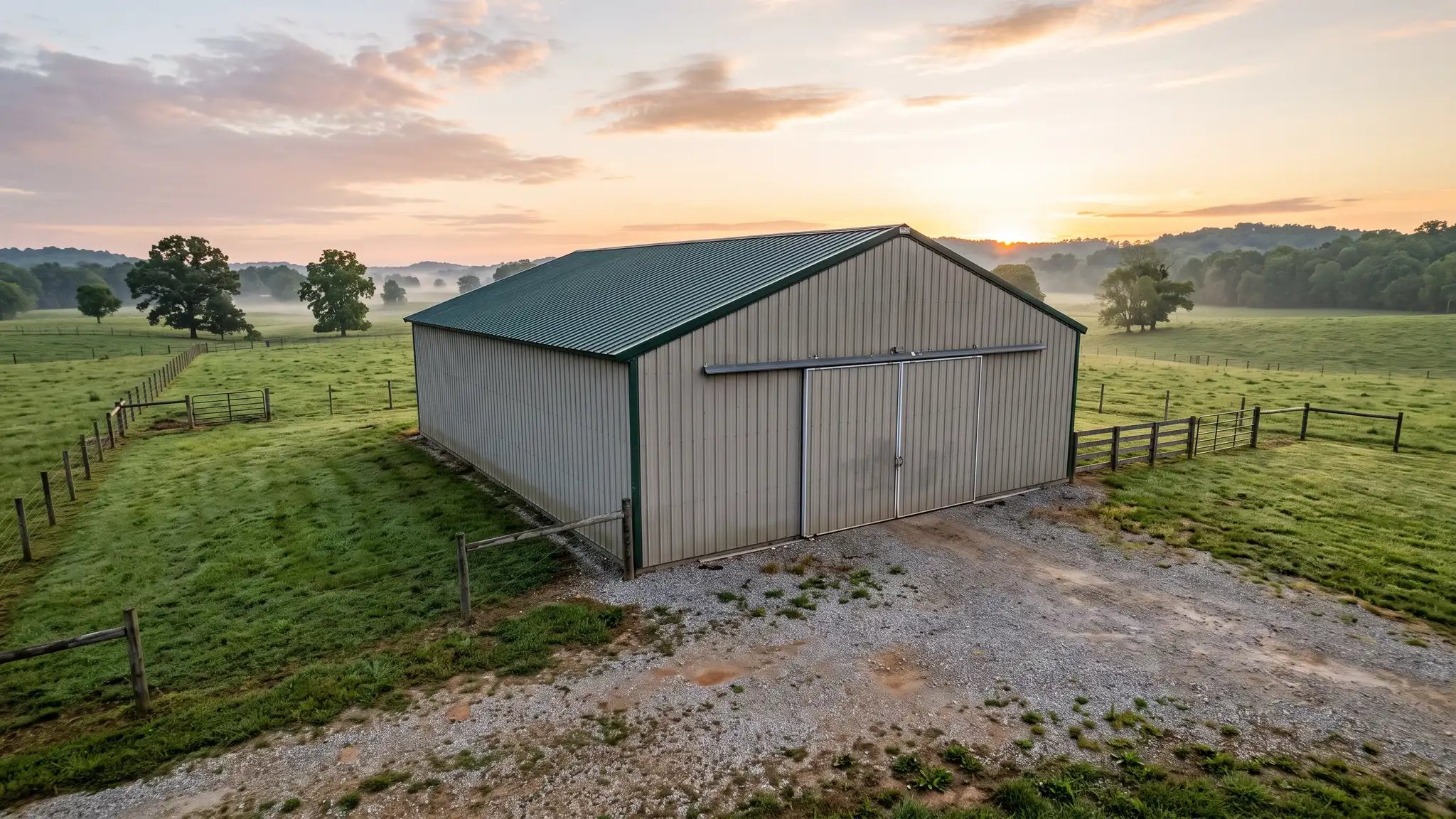 A large metal pole barn with wide sliding doors, a green roof and a gravel apron in a green Tennessee pasture at sunrise