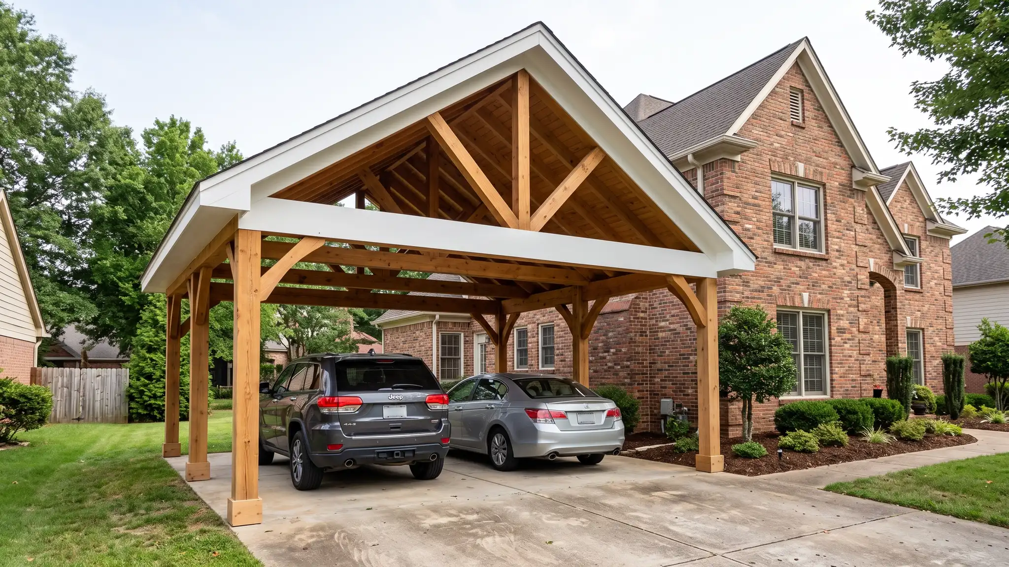 A wide wood-frame carport with a gable roof, heavy posts and white trim covering two parked cars on a driveway in front of a brick home