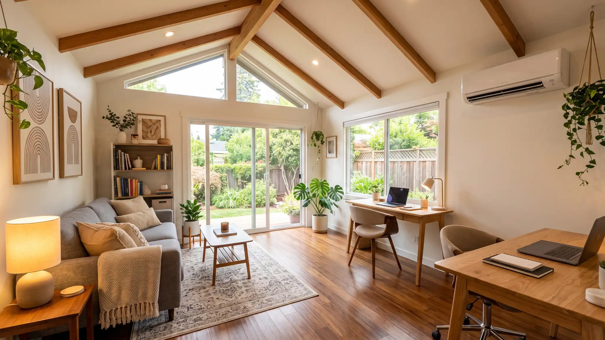 The inside of a finished backyard studio with big windows, a gray sofa, a wooden desk, a white wall-mounted mini-split and warm lamps