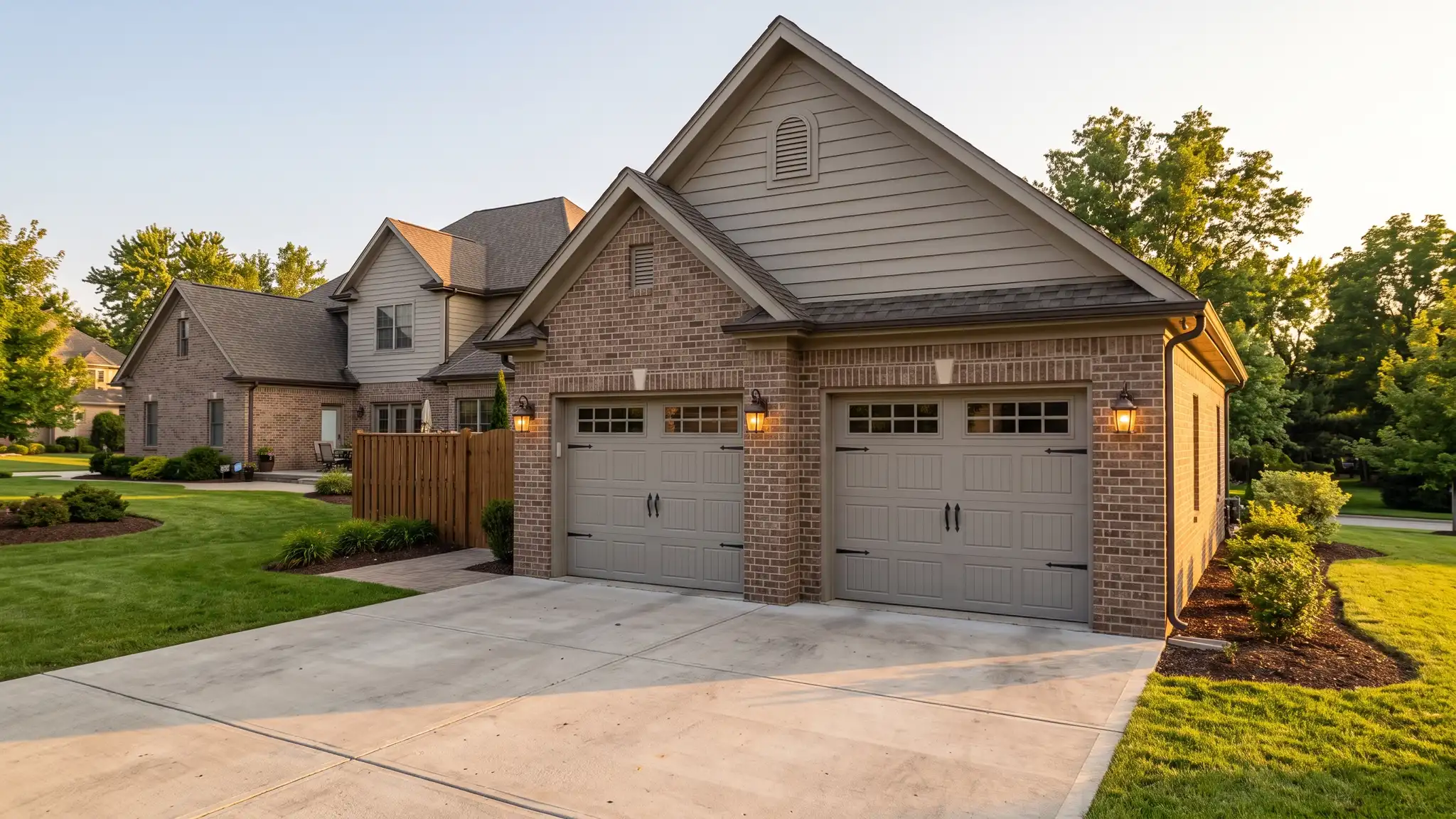 A detached two-car garage with carriage-style doors, brick and siding matching a house behind it, a gable roof and a neat concrete driveway, warm evening light