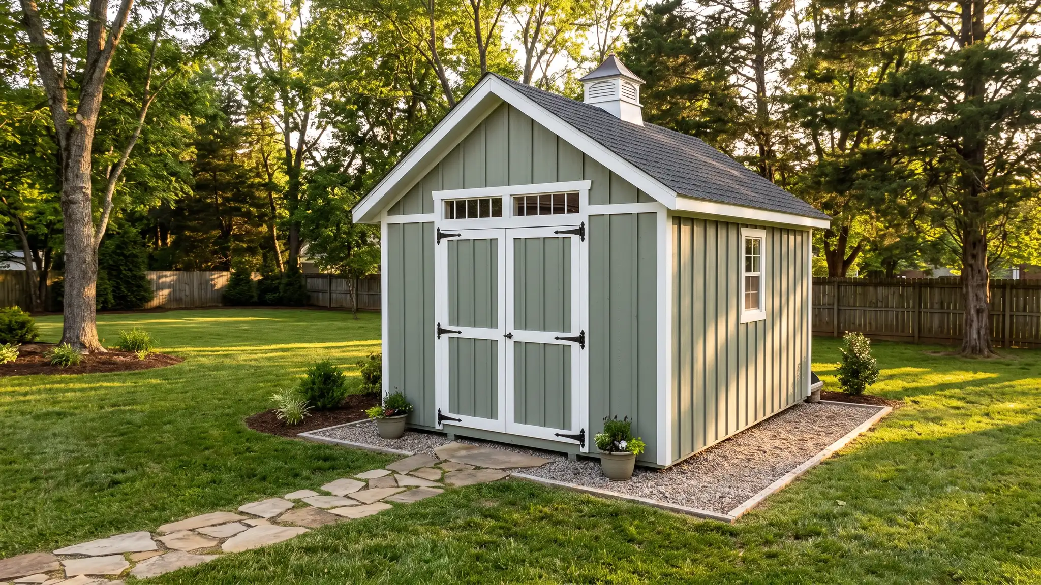 A handsome custom board-and-batten storage shed in sage green with white trim, double doors, a small cupola and a charcoal roof on a gravel pad with a stepping-stone path in a tidy Tennessee backyard at golden hour