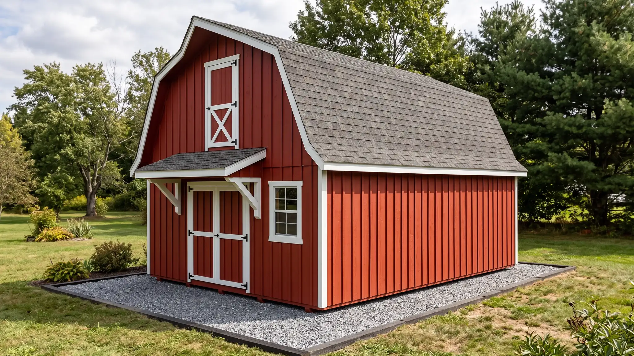 A lofted barn-style shed with a gambrel roof, red board-and-batten siding, white trim, a loft door and a small porch roof on a gravel pad beside a lawn