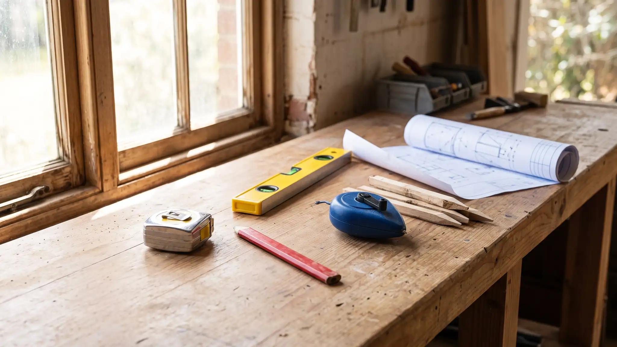 A tidy workbench with a tape measure, a pencil, a level, a chalk line, a few wooden stakes and rolled plans without text beside a window in