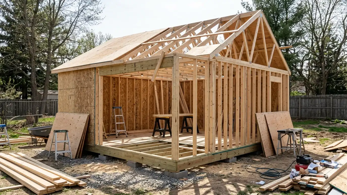 A shed under construction showing the floor frame, wall studs, roof trusses and plywood sheathing partly installed, sharp daylight