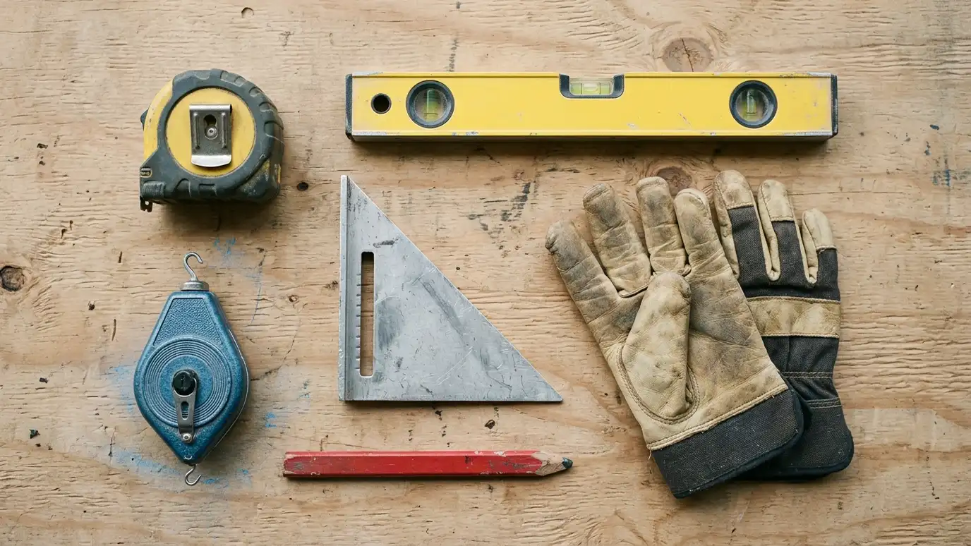 A neat flat lay of builder gear on a plywood surface: a tape measure, a level, a pencil, work gloves, a speed square and a chalk line
