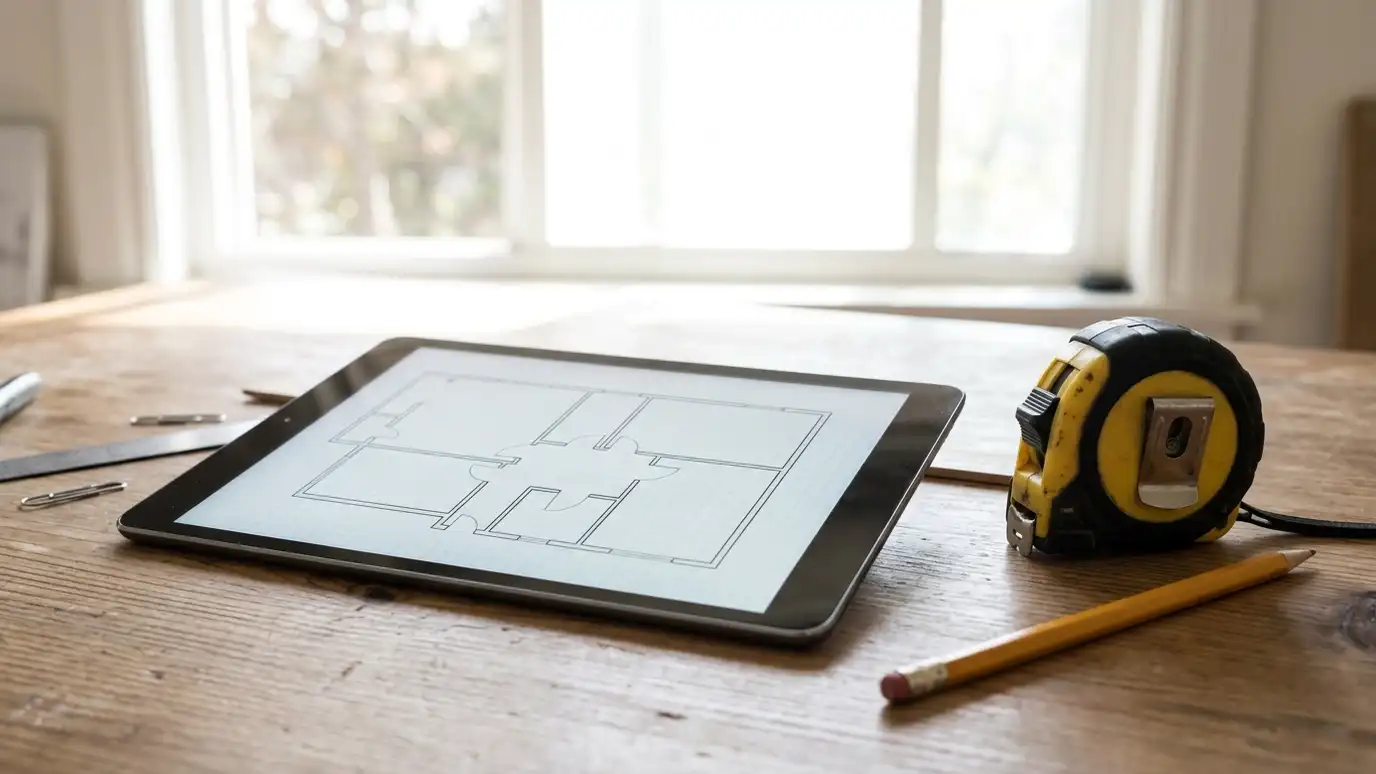 Shed and garage tools and calculators | Music City Shed A desk with a tablet showing an abstract blank floor plan, a tape measure, a pencil and a bright window behind