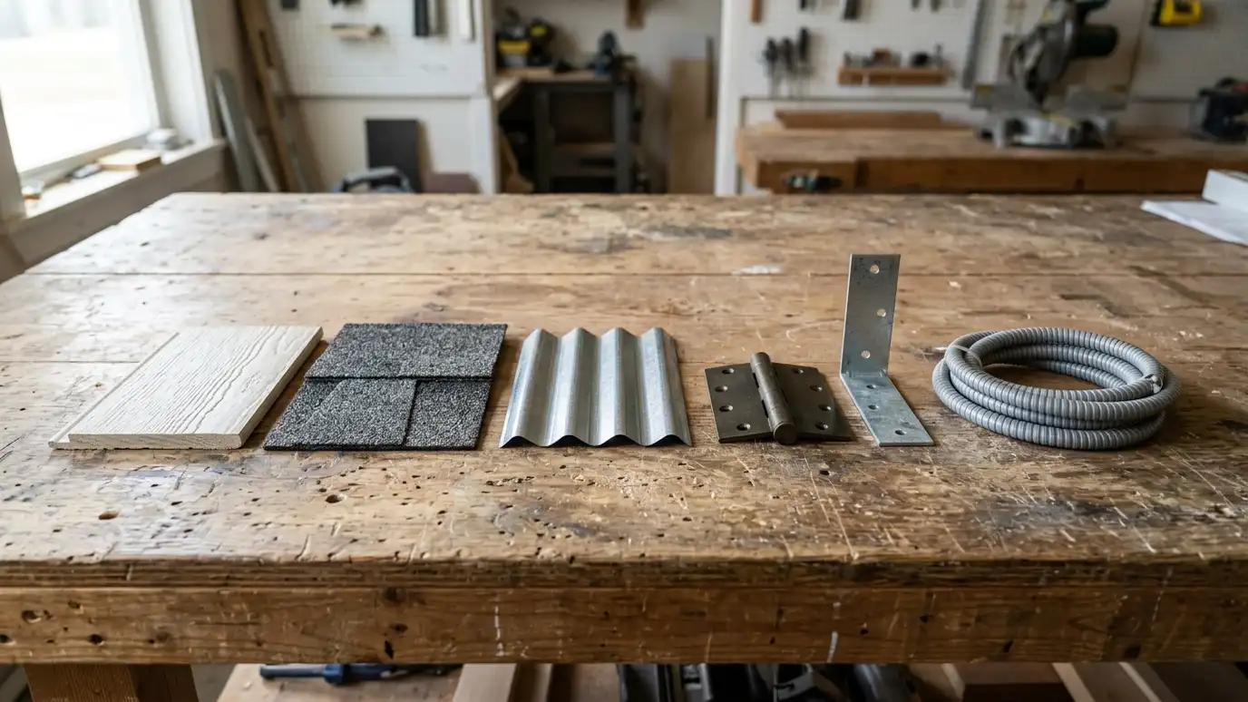 Shed, garage and carport FAQ | Music City Shed A neat row of small building samples on a workbench: a siding board, a roofing shingle, a metal roof panel, a door hinge, a steel bracket and a coil of electrical conduit
