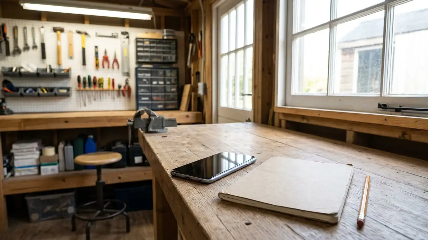 A phone lying on a workbench beside a notebook and a pencil inside a tidy shed workshop, screen dark