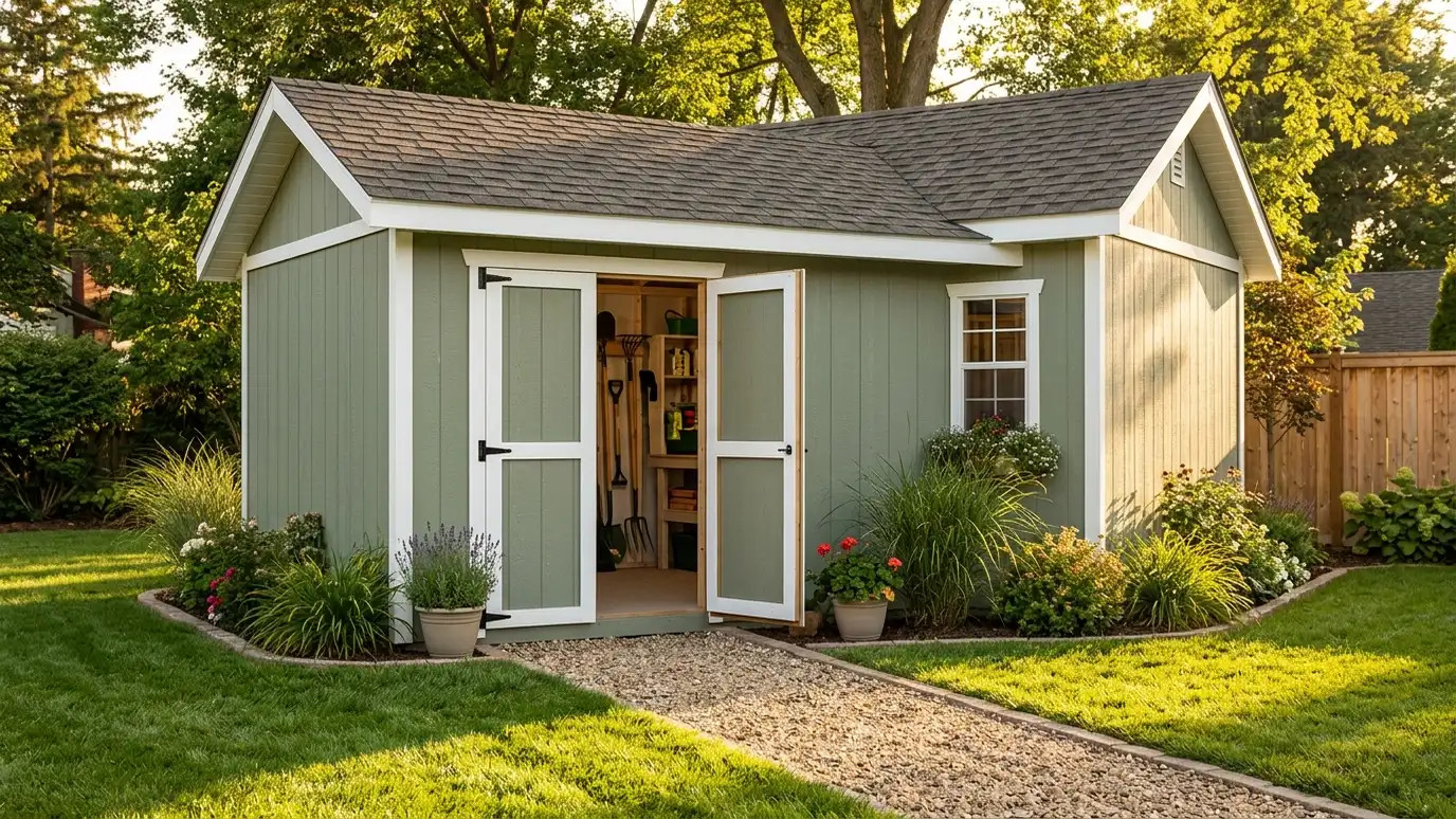 A finished sage green shed with white trim and open double doors, neat grass and a gravel path in golden hour light