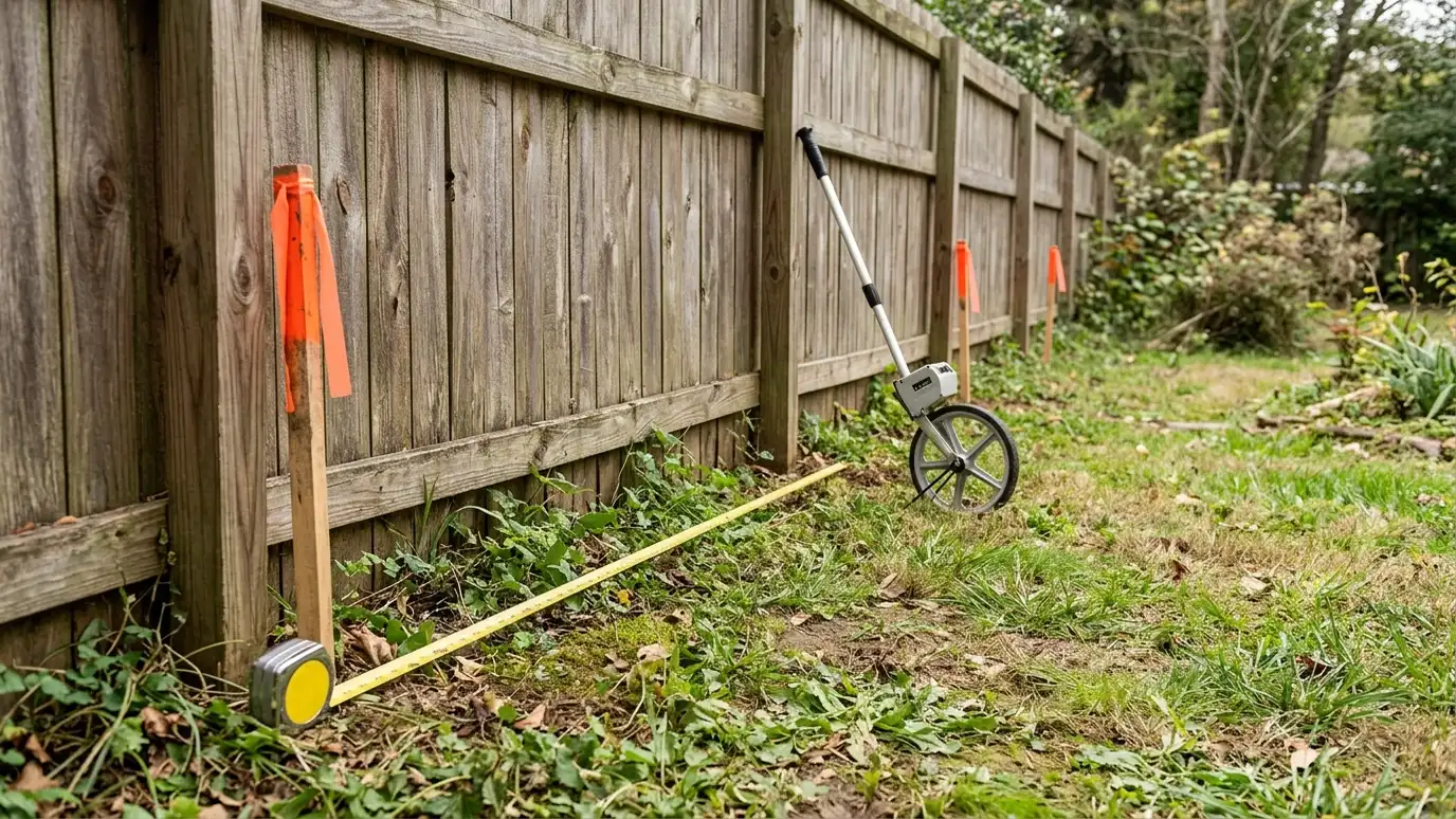 A tape measure stretched along a wooden fence with orange stakes and a measuring wheel in a backyard