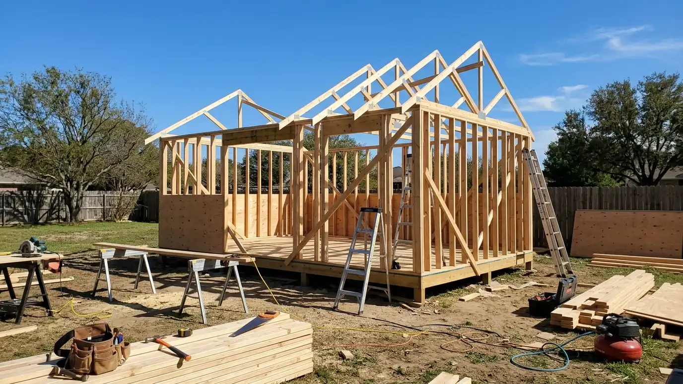 Our building process | Music City Shed A shed with framed walls and roof trusses being set against a blue sky, tools on the ground