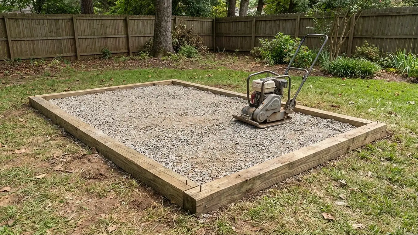 A level rectangular gravel pad with a timber border and a plate compactor resting on it in a backyard
