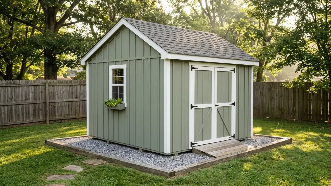 A custom-built board-and-batten storage shed in sage green with white trim, double doors and a charcoal shingle roof on a level gravel pad in a neat Tennessee backyard, morning light