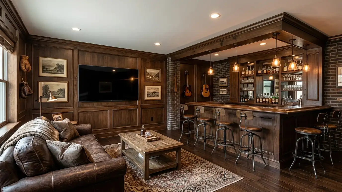The inside of a man cave with a leather sofa, a wall-mounted TV with a dark screen, a wooden bar with stools, dark wood paneling and warm lights